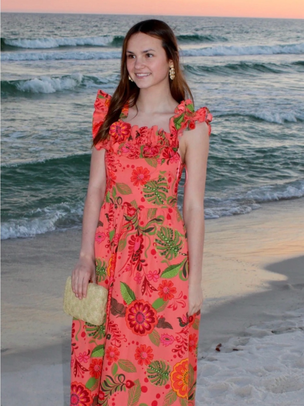 Fate Coral Floral Midi Dress with Green Accents